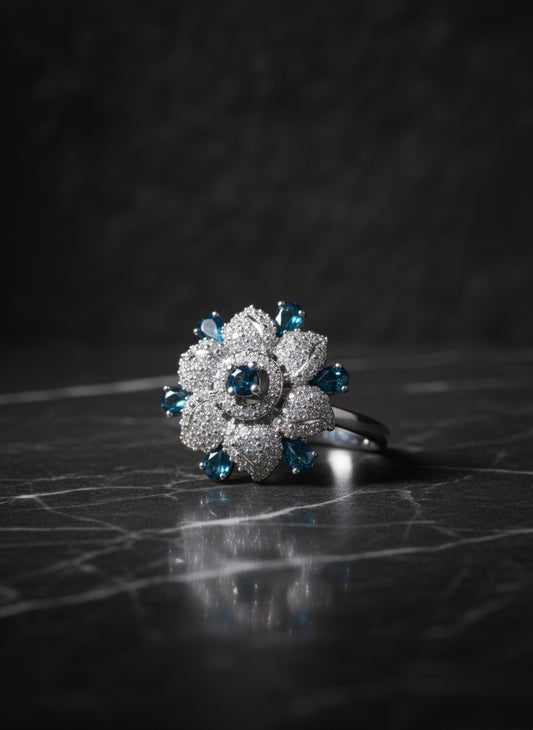 Blue Sapphire & Diamond Flower Ring