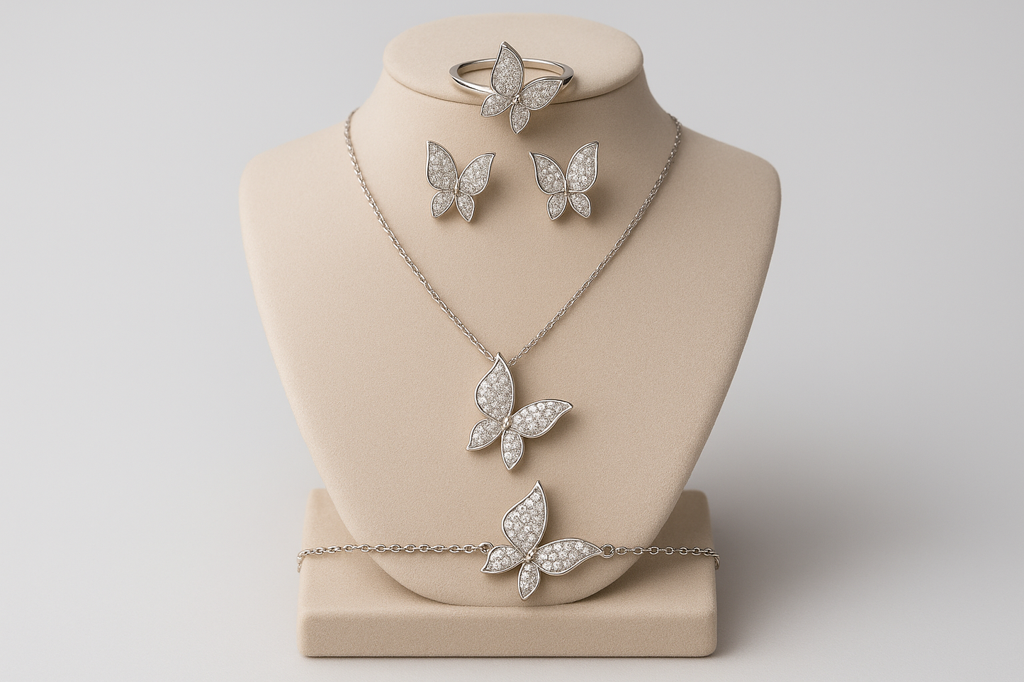 Complete 4-Piece Butterfly Jewelry Set on Display Stand